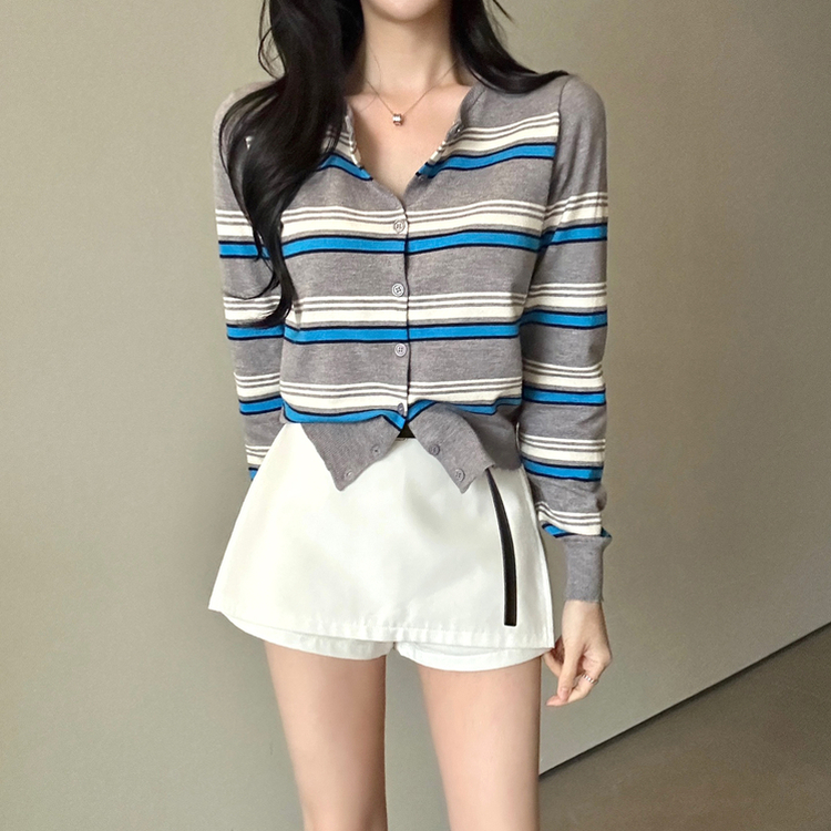 ストライプラウンドカーディガン GREY