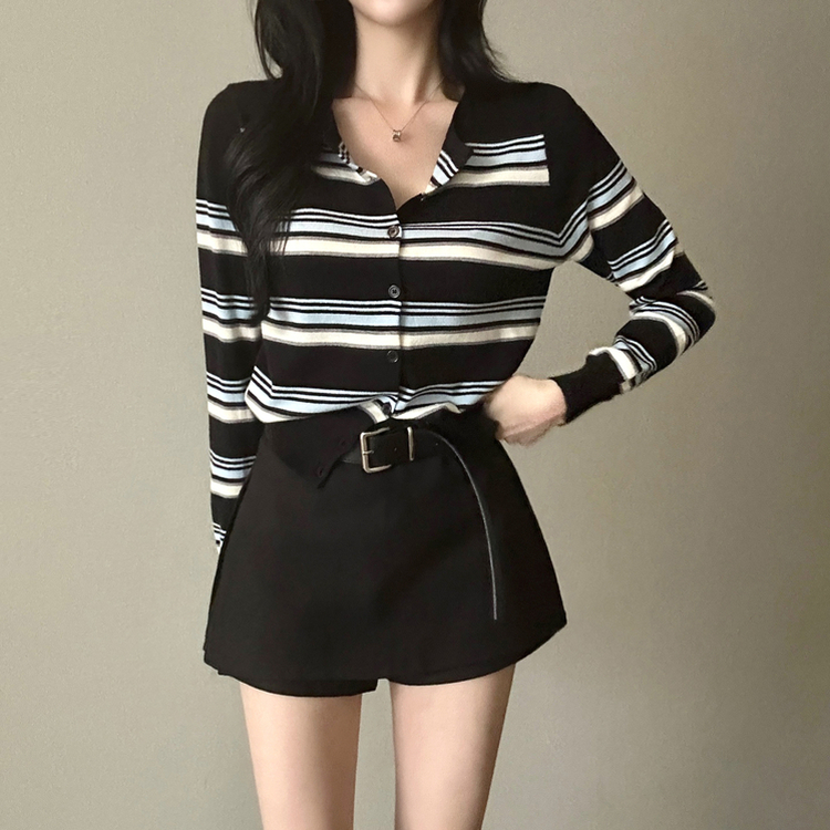 ストライプラウンドカーディガン BLACK