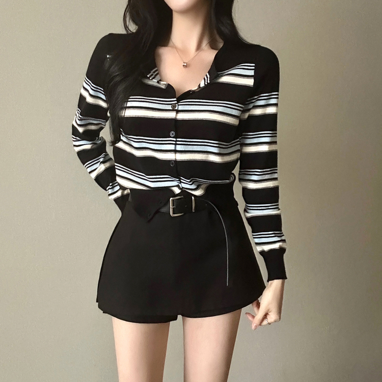 ストライプラウンドカーディガン BLACK