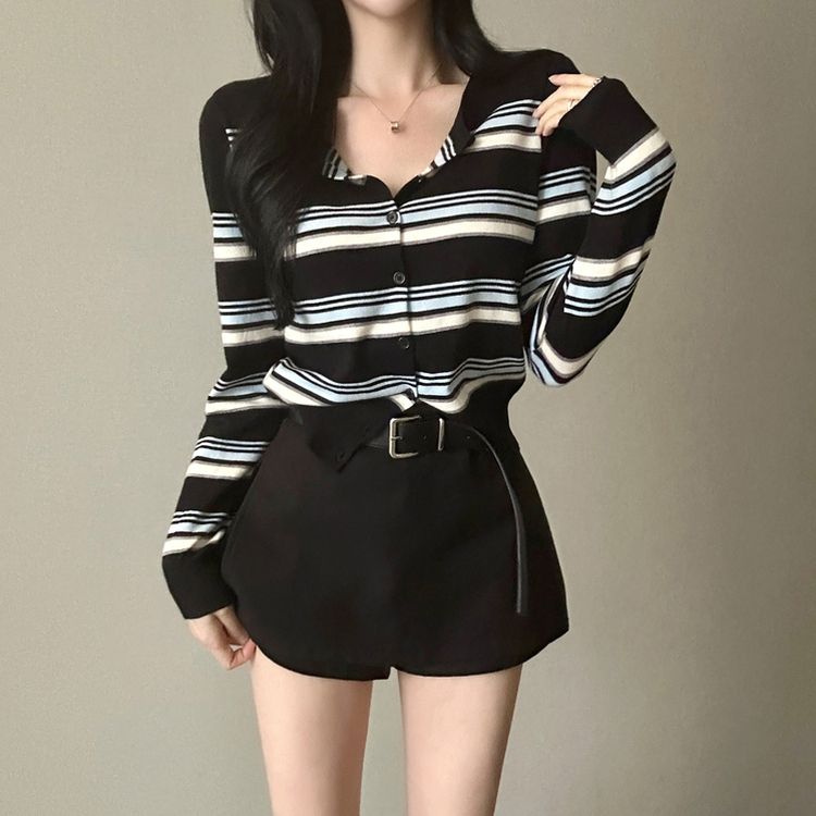 ストライプラウンドカーディガン BLACK