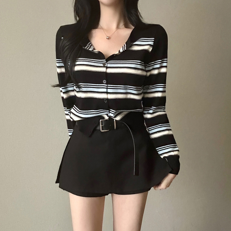 ストライプラウンドカーディガン BLACK