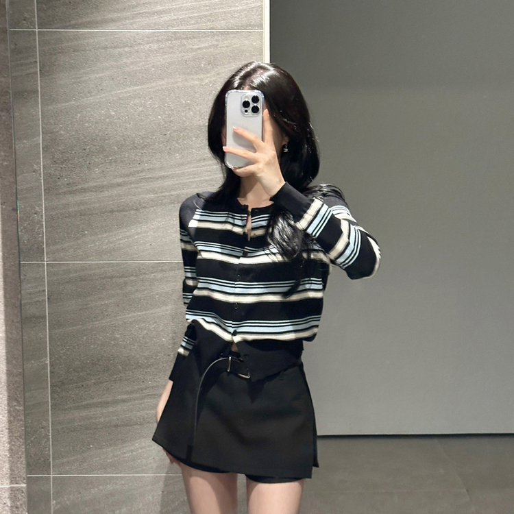 ストライプラウンドカーディガン BLACK