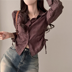 고스 옆셔링 체크 크롭 셔츠 남방 브라운