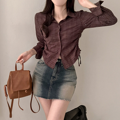 고스 옆셔링 체크 크롭 셔츠 남방 브라운