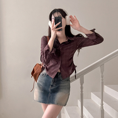 고스 옆셔링 체크 크롭 셔츠 남방 브라운