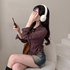 고스 옆셔링 체크 크롭 셔츠 남방 브라운