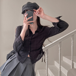 고스 옆셔링 체크 크롭 셔츠 남방 블랙