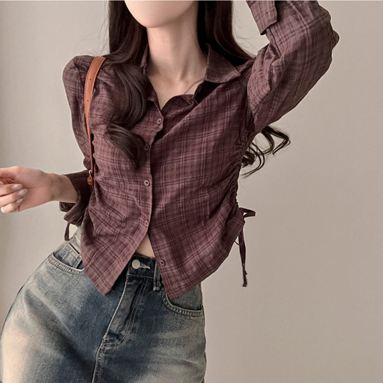 고스 옆셔링 체크 크롭 셔츠 남방 브라운