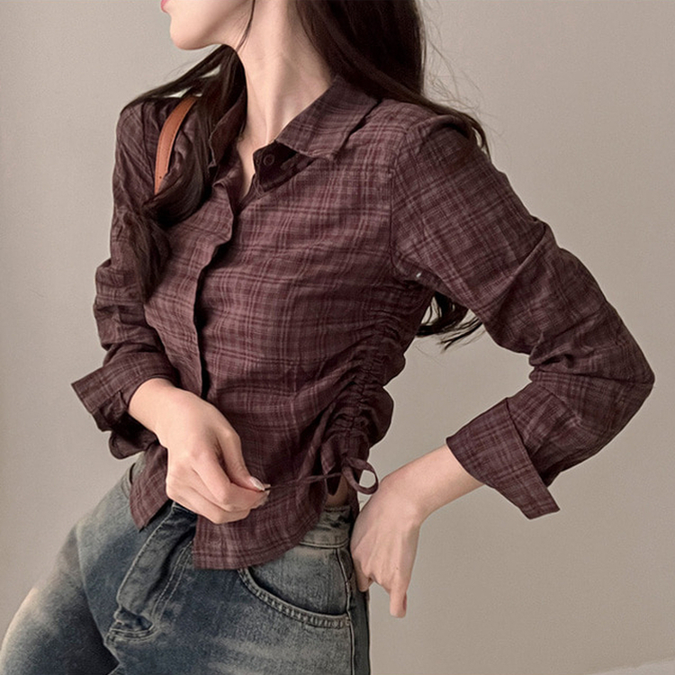 고스 옆셔링 체크 크롭 셔츠 남방 브라운