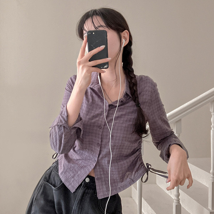 고스 옆셔링 체크 크롭 셔츠 남방 그레이