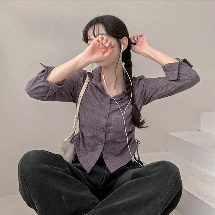 고스 옆셔링 체크 크롭 셔츠 남방 그레이