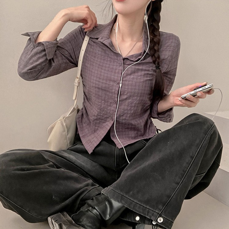 고스 옆셔링 체크 크롭 셔츠 남방 그레이