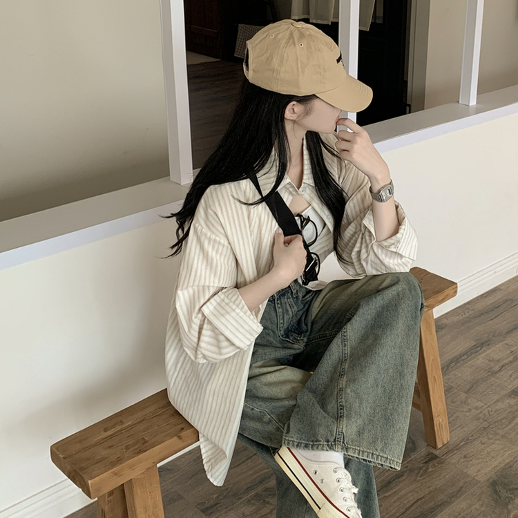 왕오버핏 스트라이프 포켓 긴팔셔츠 남방 베이지