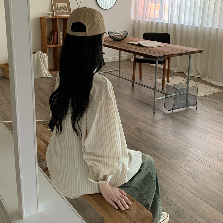 왕오버핏 스트라이프 포켓 긴팔셔츠 남방 베이지