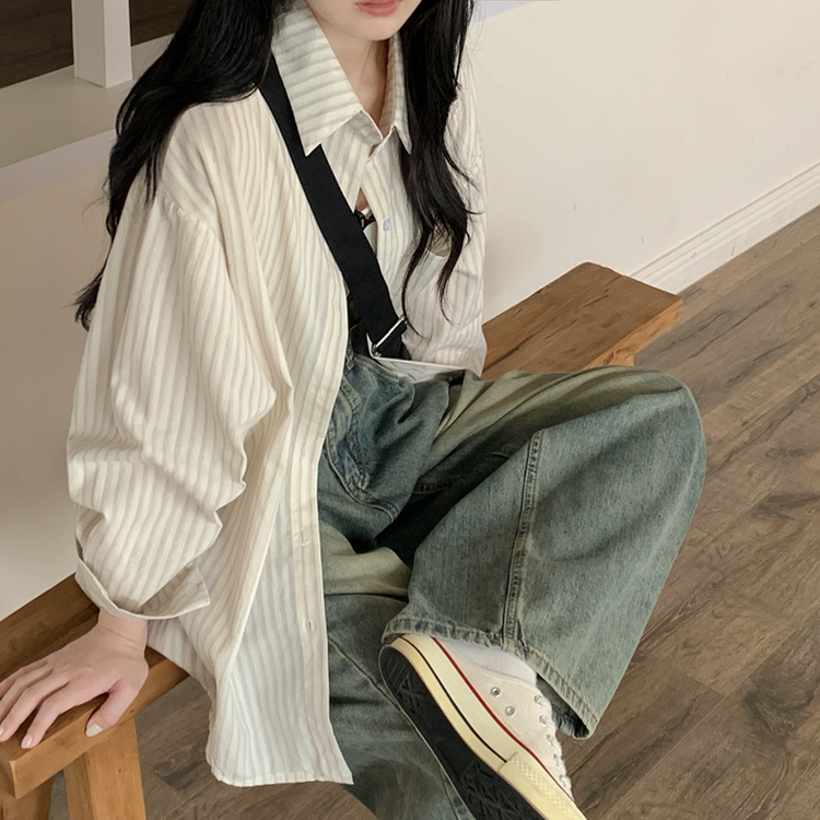 왕오버핏 스트라이프 포켓 긴팔셔츠 남방 베이지