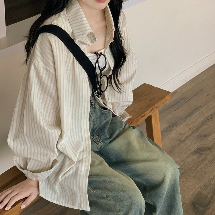 왕오버핏 스트라이프 포켓 긴팔셔츠 남방 베이지