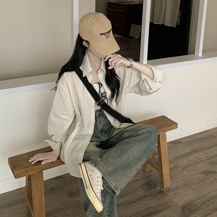 왕오버핏 스트라이프 포켓 긴팔셔츠 남방 베이지