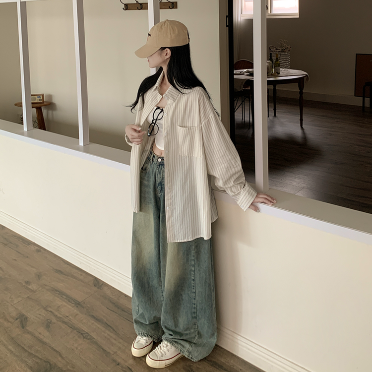 왕오버핏 스트라이프 포켓 긴팔셔츠 남방 베이지