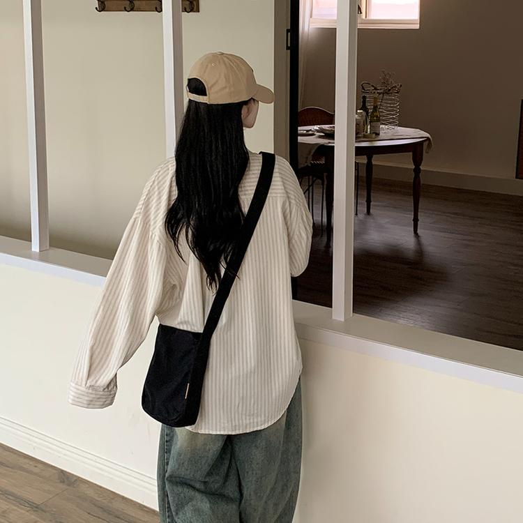 왕오버핏 스트라이프 포켓 긴팔셔츠 남방 베이지