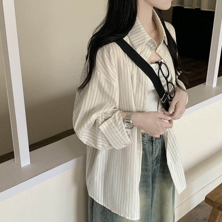 왕오버핏 스트라이프 포켓 긴팔셔츠 남방 베이지