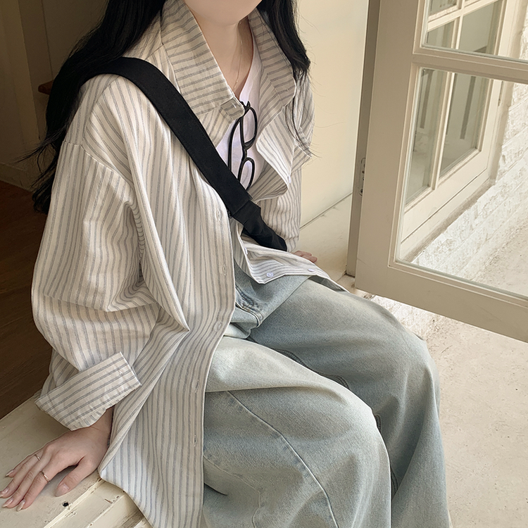 왕오버핏 스트라이프 포켓 긴팔셔츠 남방 소라