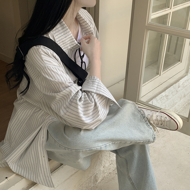 왕오버핏 스트라이프 포켓 긴팔셔츠 남방 소라