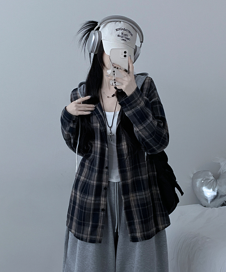 빈티체크배색후드오버핏셔츠남방