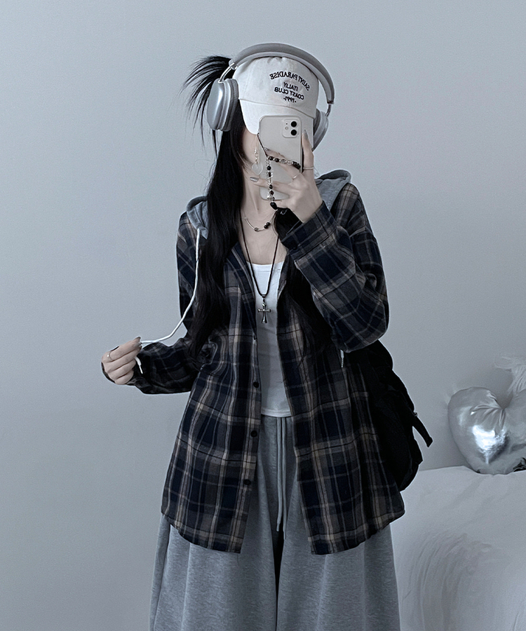 빈티체크배색후드오버핏셔츠남방