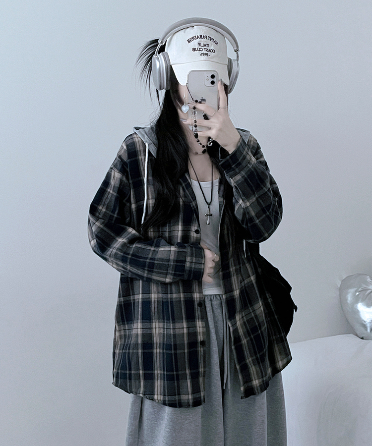 빈티체크배색후드오버핏셔츠남방