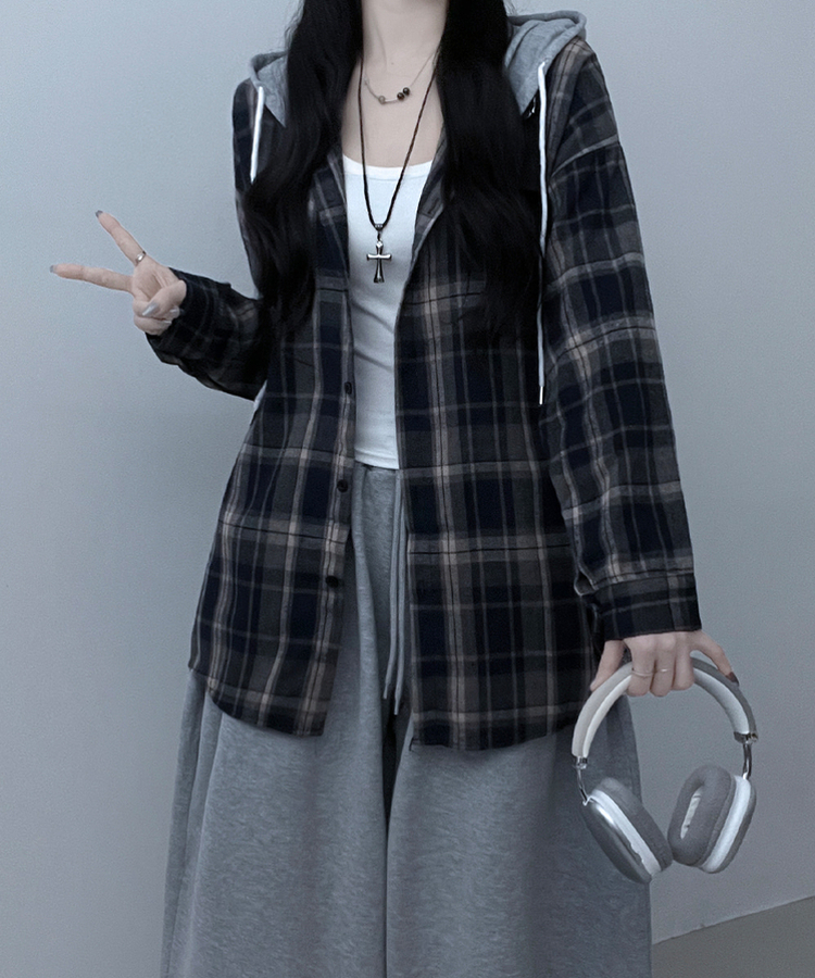 빈티체크배색후드오버핏셔츠남방