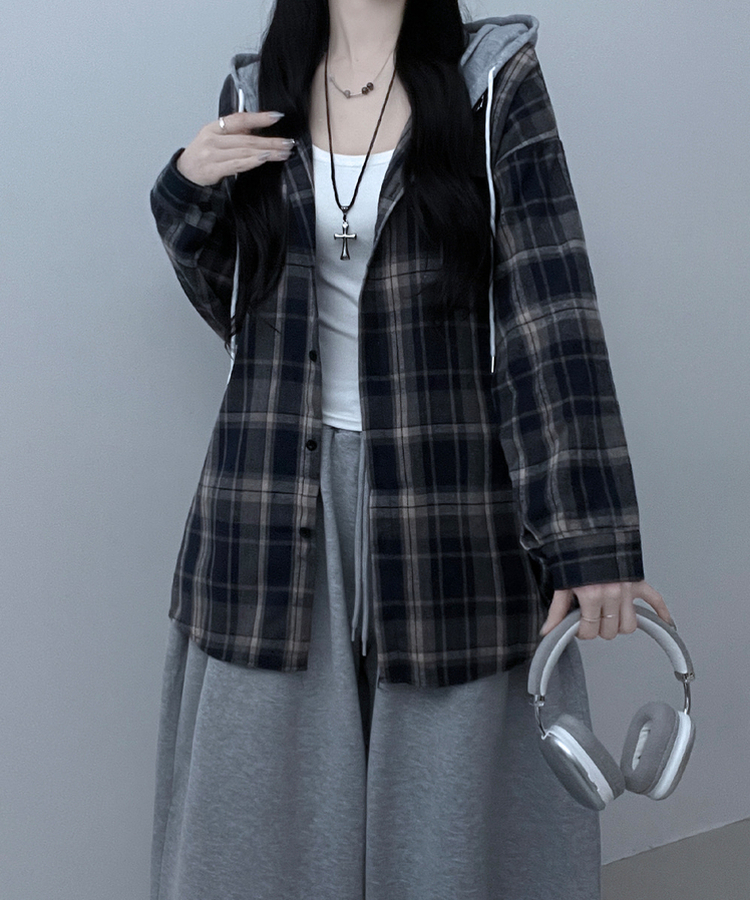 빈티체크배색후드오버핏셔츠남방