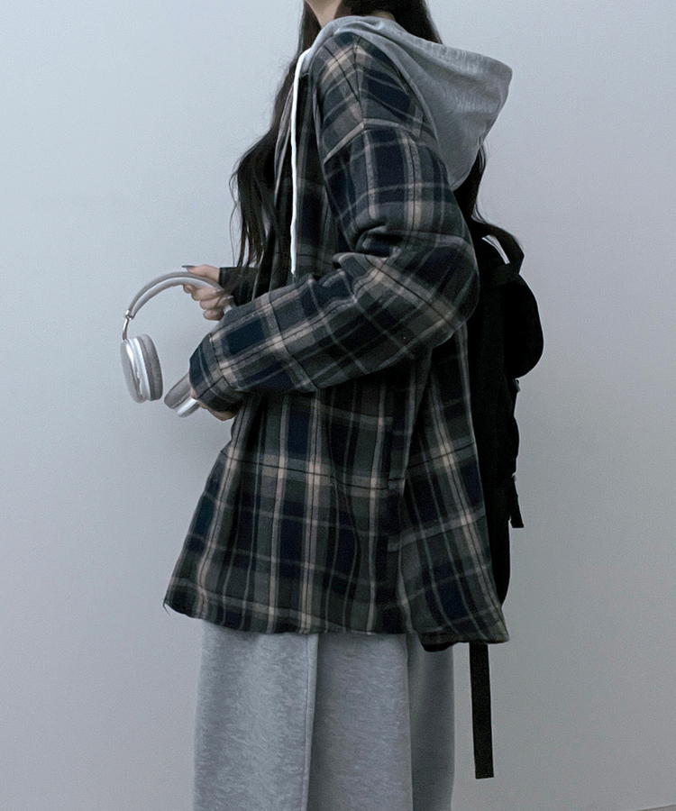 빈티체크배색후드오버핏셔츠남방