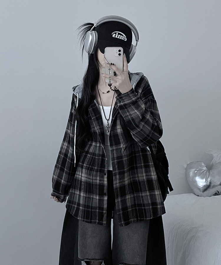 빈티체크배색후드오버핏셔츠남방