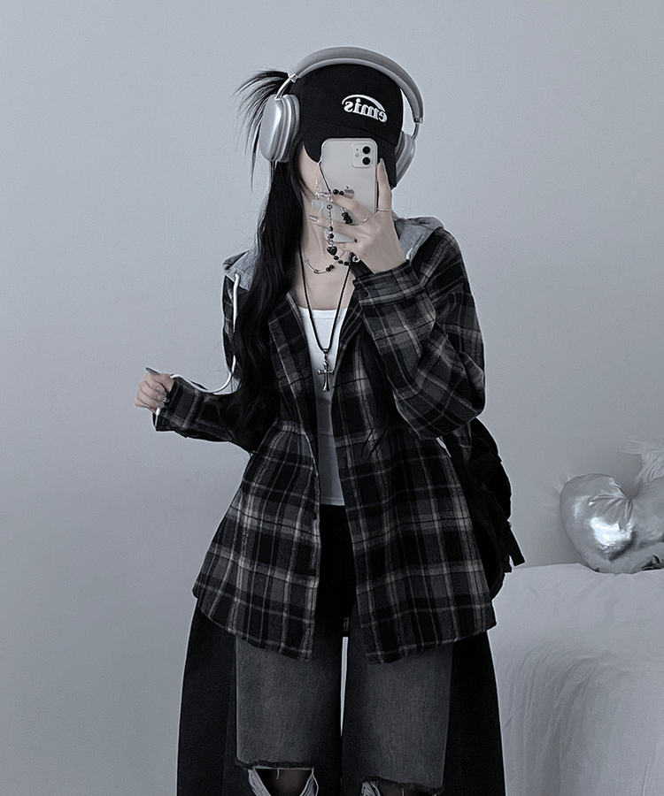 빈티체크배색후드오버핏셔츠남방