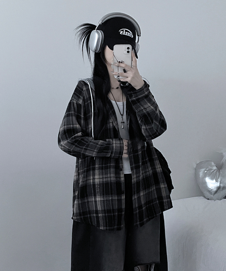 빈티체크배색후드오버핏셔츠남방