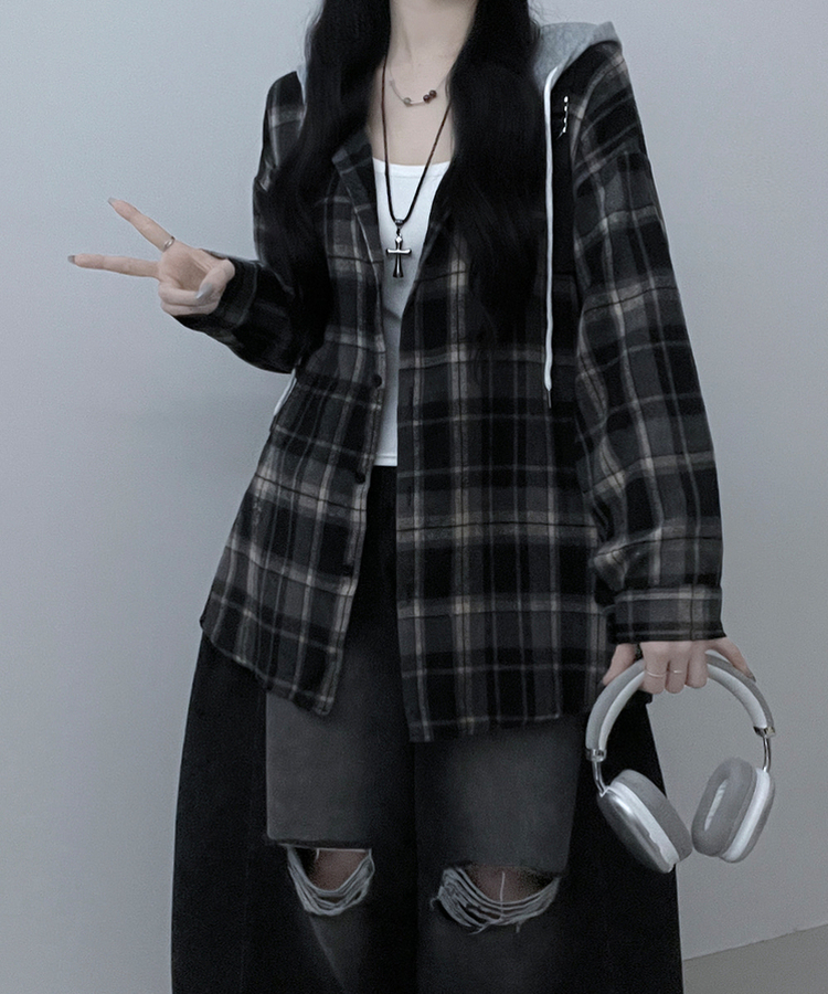 빈티체크배색후드오버핏셔츠남방