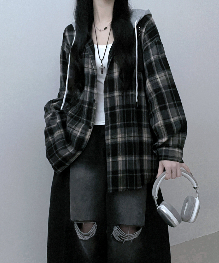 빈티체크배색후드오버핏셔츠남방