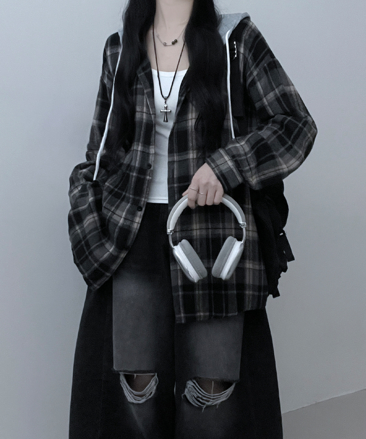 빈티체크배색후드오버핏셔츠남방