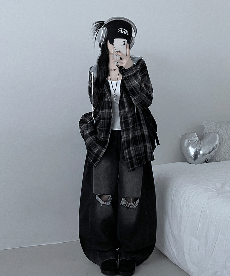 빈티체크배색후드오버핏셔츠남방