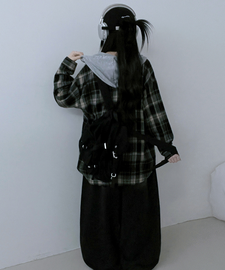 빈티체크배색후드오버핏셔츠남방