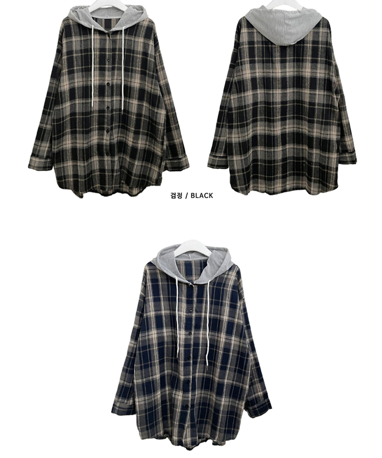빈티체크배색후드오버핏셔츠남방