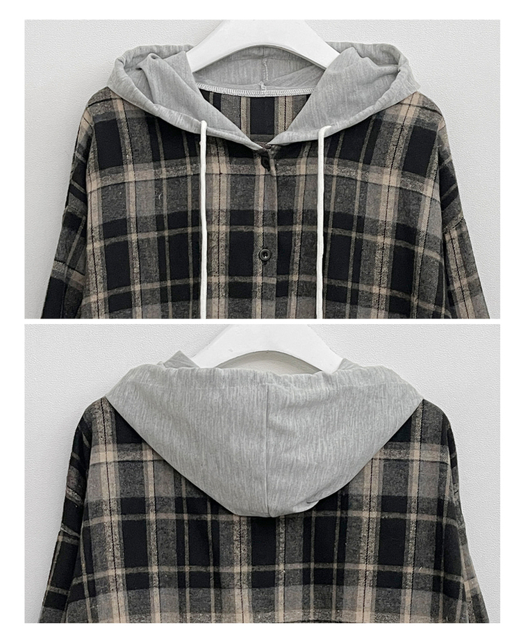 빈티체크배색후드오버핏셔츠남방