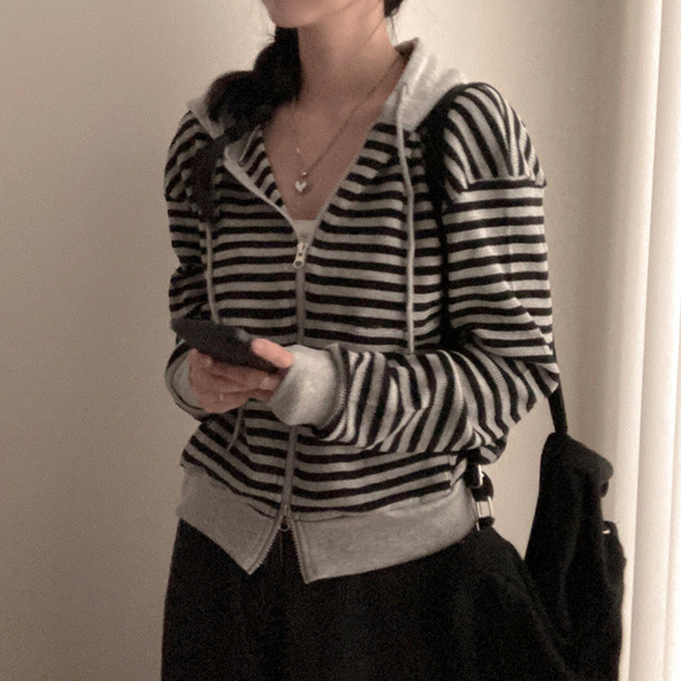 카카오 단가라 스트라이프 투웨이 와플 후드 집업 블랙