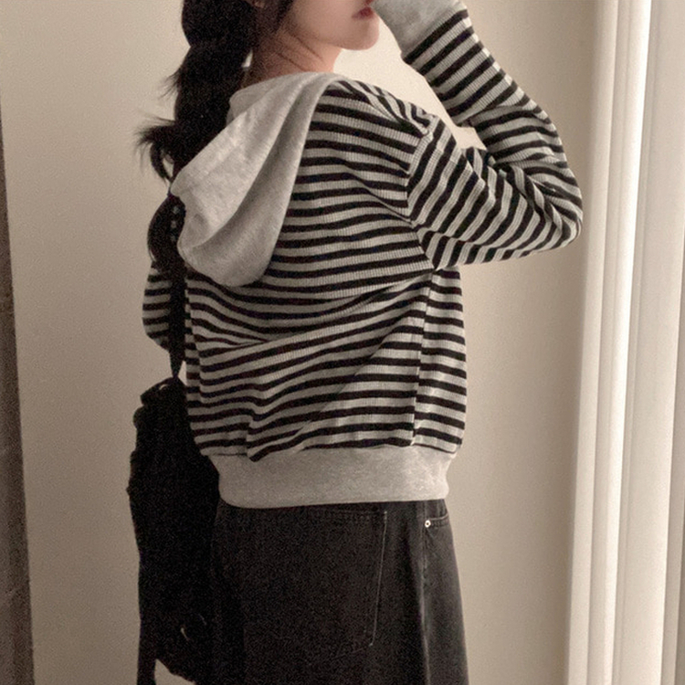 카카오 단가라 스트라이프 투웨이 와플 후드 집업 블랙