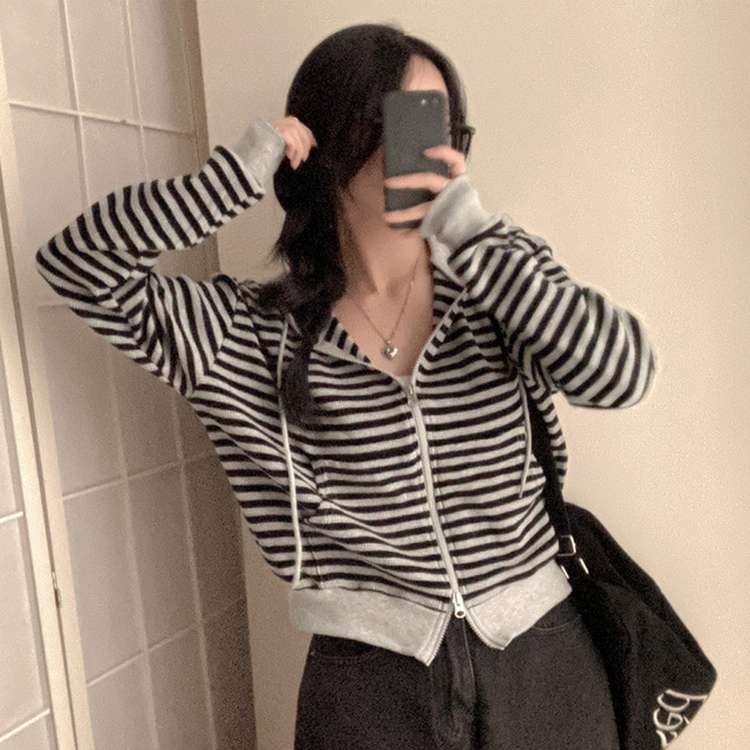 카카오 단가라 스트라이프 투웨이 와플 후드 집업 블랙