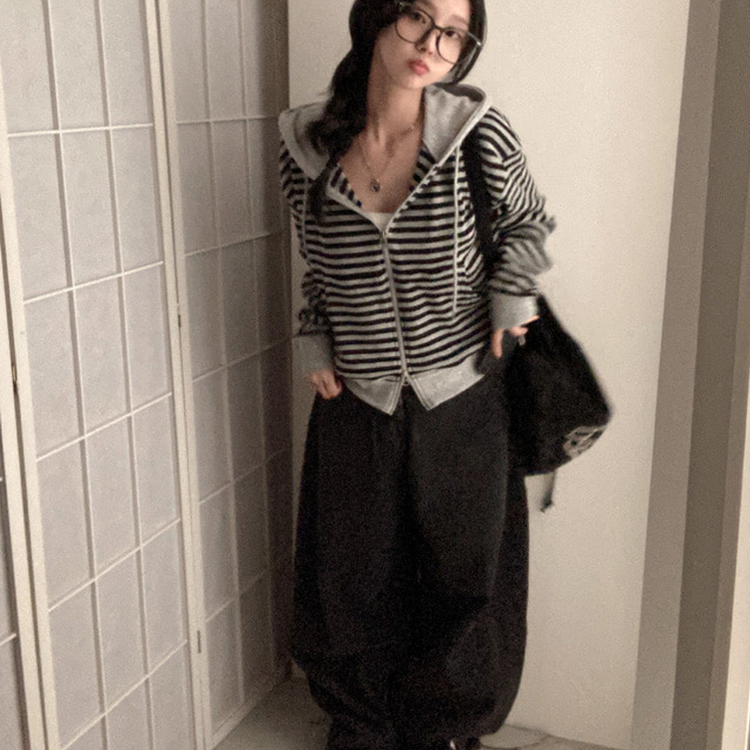 카카오 단가라 스트라이프 투웨이 와플 후드 집업 블랙