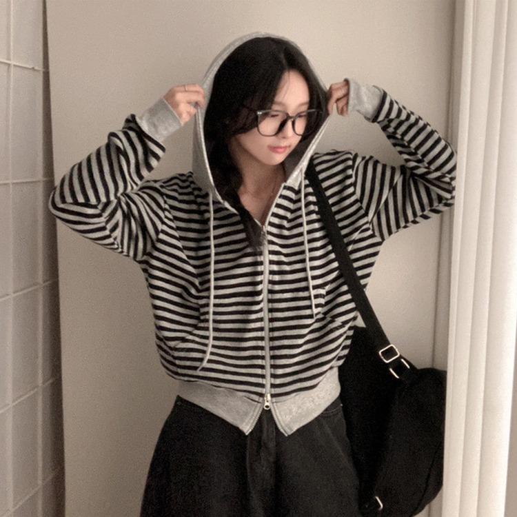 카카오 단가라 스트라이프 투웨이 와플 후드 집업 블랙