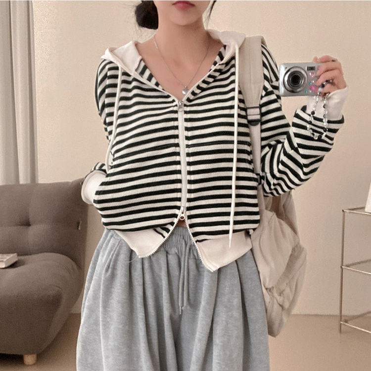 카카오 단가라 스트라이프 투웨이 와플 후드 집업 그린