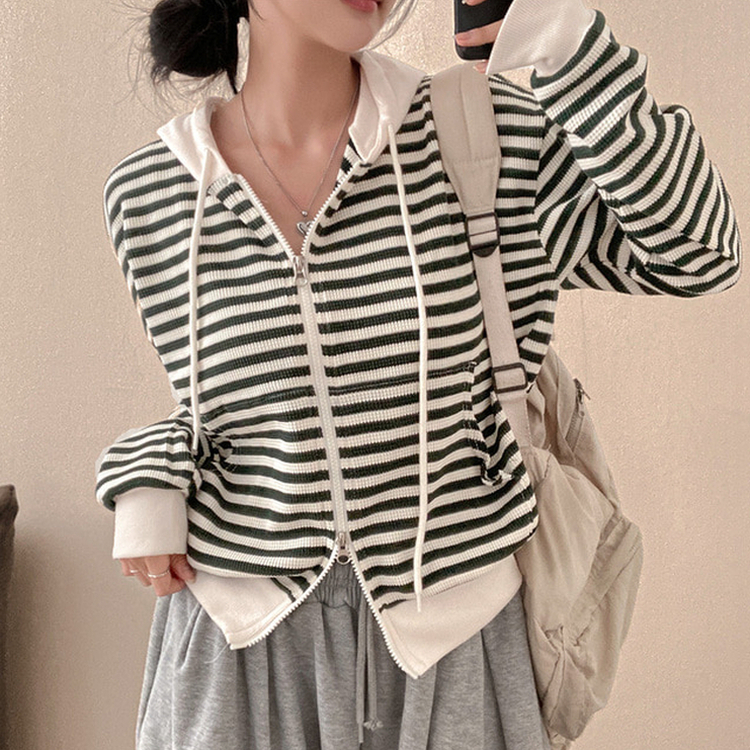 카카오 단가라 스트라이프 투웨이 와플 후드 집업 그린