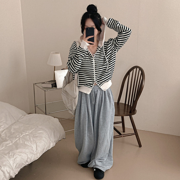 카카오 단가라 스트라이프 투웨이 와플 후드 집업 그린